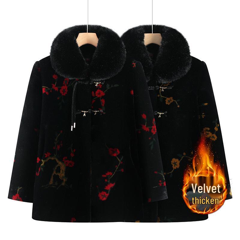 Grandma's Faux Mink Velvet Winter Coat: Mid-Length Fur Collar, Thickened Plus Velvet for Warmth