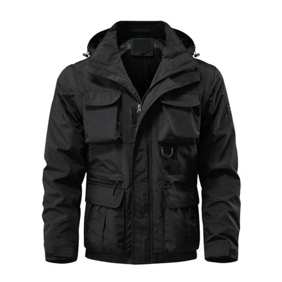 Pánská bunda Odstranění klopy Bunda s kapucí a dlouhým rukávem Kabát s více kapsami Design Jednobarevná léga na zip Venkovní bunda