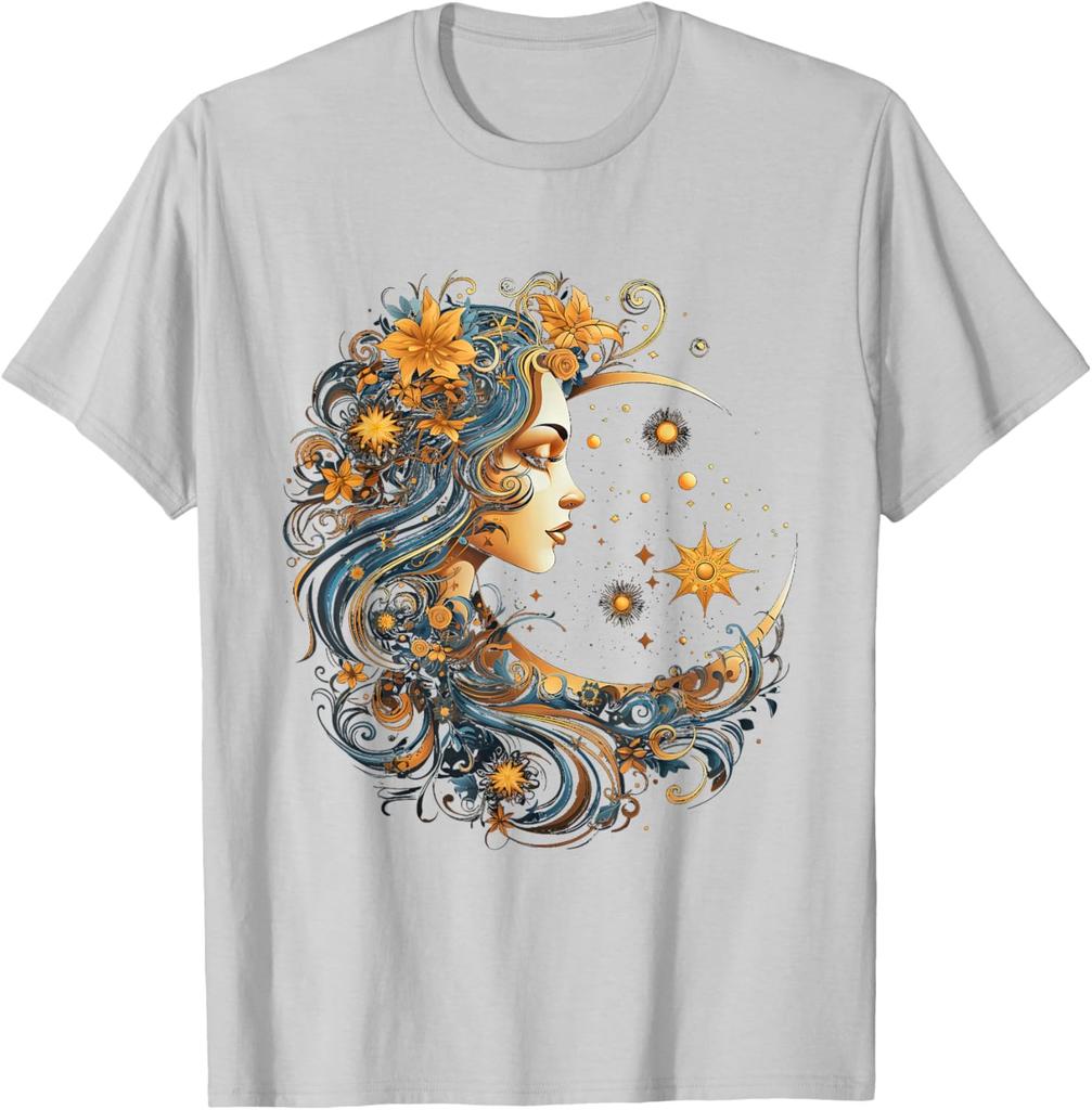 Mystic Celestial Woman Moon Flowers Graphic Print Cotton Crew Neck T-Shirt Unisex Casual Trip Wear