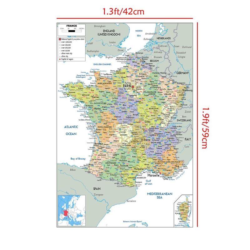 Verwaltungskarte-Englisch-Frankreichkarte,Kunstdruckposter für Zuhause,Klassenzimmer,Innen/Außen,Lehrposter,Reisewerkzeug,Ungerahmt