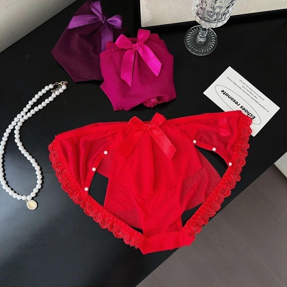 Bowknot Mesh Sheer Bow Lace Thong Low Waist Lace T Panties Fashion Lace Flower Briefs Women Home