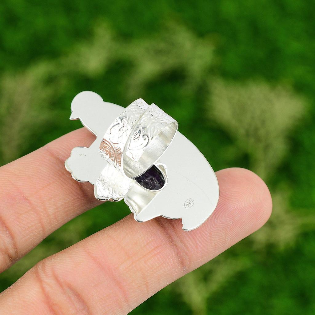 Natural African Amethyst Gemstone Promise Bird Purple Adjustable Ring 925 Silver
