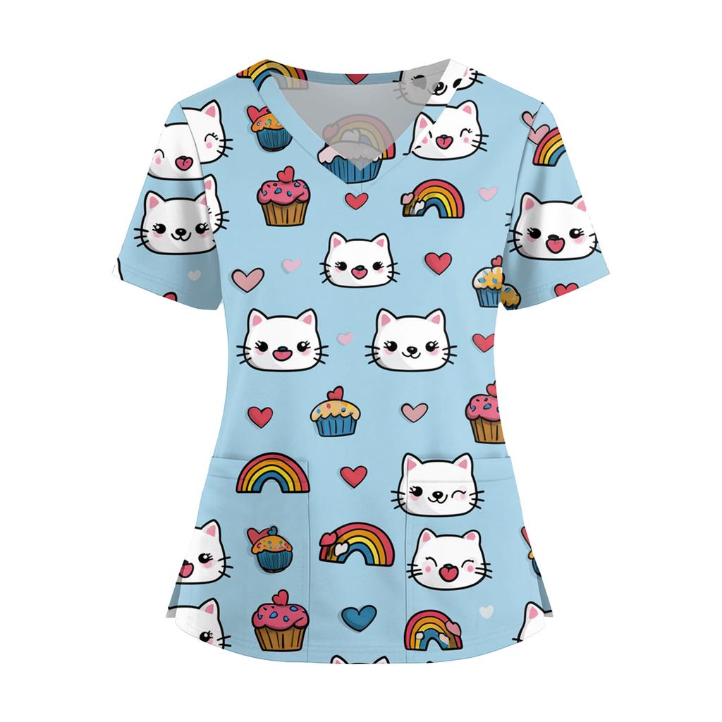 Women's Fashion V-Neck Short Sleeve Overalls With Pockets  Print Tops  Clothes