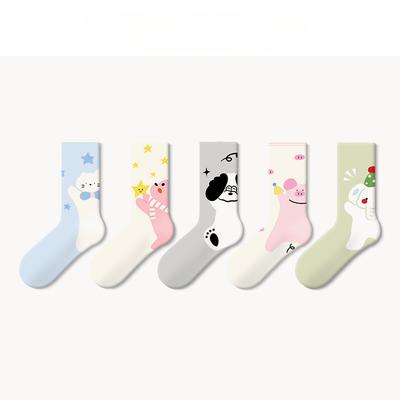 5 Pairs of Girls Spring and Summer Cute Preppy Style with Cartoon Animal Tube Socks