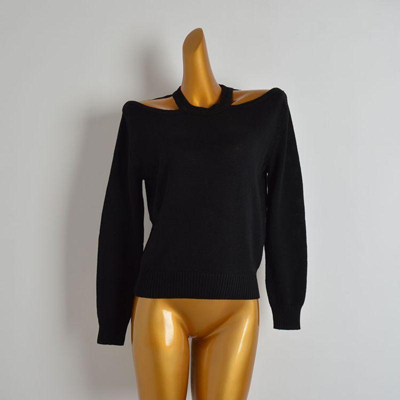 Autumn and Winter Stylish Sneaky Design Loose Halterneck off-Shoulder Sweaters Women's Clothing round Neck All-Matching Long Sleeves Knitwear Tops