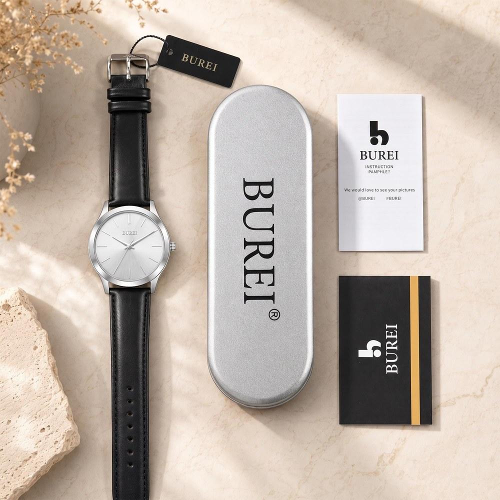BUREI Men's Analog Quartz Watch Waterproof Slim Business Casual Black Leather Belt