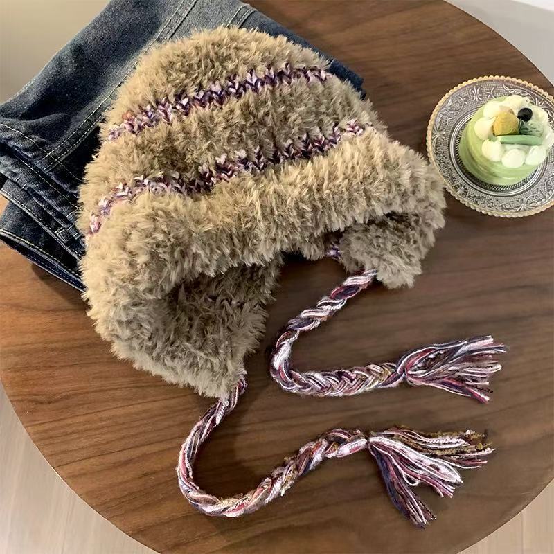 New Plush Hat Women's Autumn and Winter Warm Ear Protection Wool Hat Shows a Small Face Knitted Hat Bag Dual-purpose