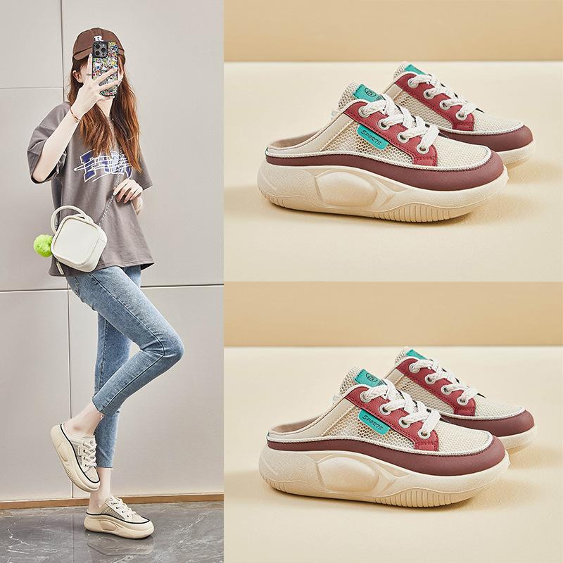 New Summer Half-support White Shoes for Women's Mesh Breathable Student Board Shoes Casual Thick Sole Height