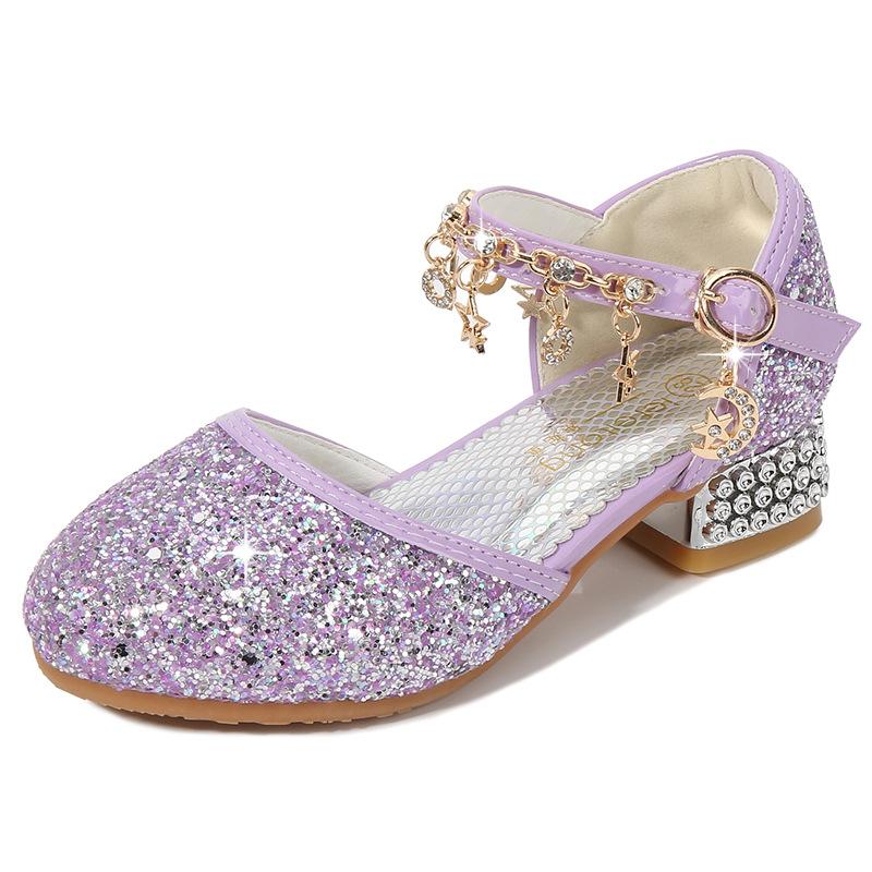 

Summer new fashion girls leather shoes, princess shoes, children s crystal shoes, soft-soled high-heeled shoes for little girls runway performances 25 фиолетовый