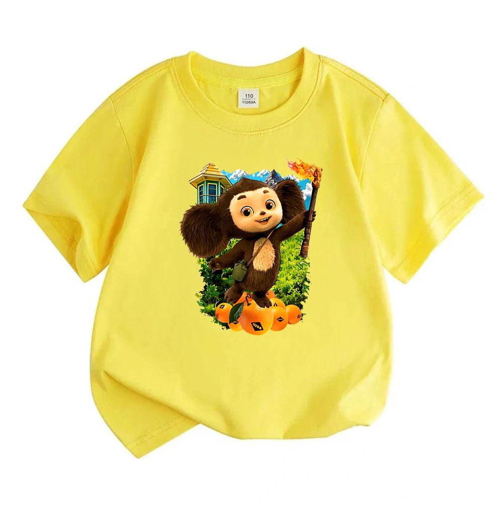 Unisex Kids Boys Girls Crew Neck Short Sleeve 100% Cotton T-Shirt, Cute Cheburashka Print Tee with Torch Orange Pattern Casual Soft Summer Daily Wear