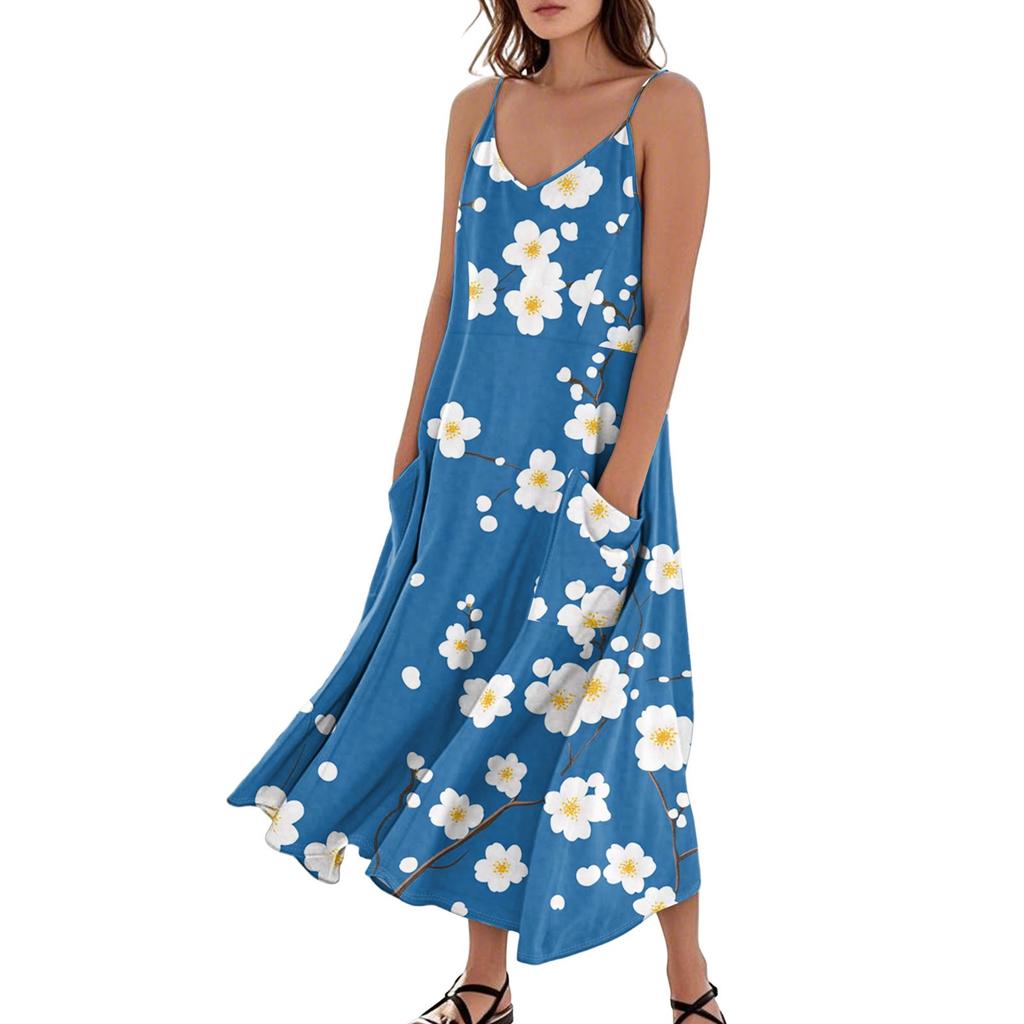 Damenmode Lässig Ärmellos Tasche Langes Strandkleid mit Blumendruck