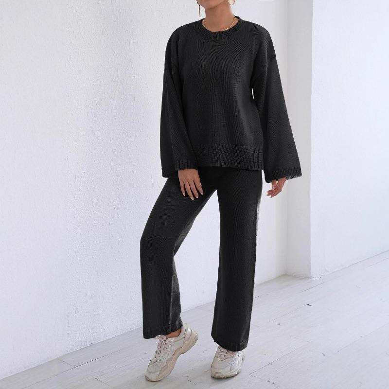 Women Loose Comfortable Solid Color Long Sleeve Sweater Wide Leg Pants Two Piece Loungewear Set