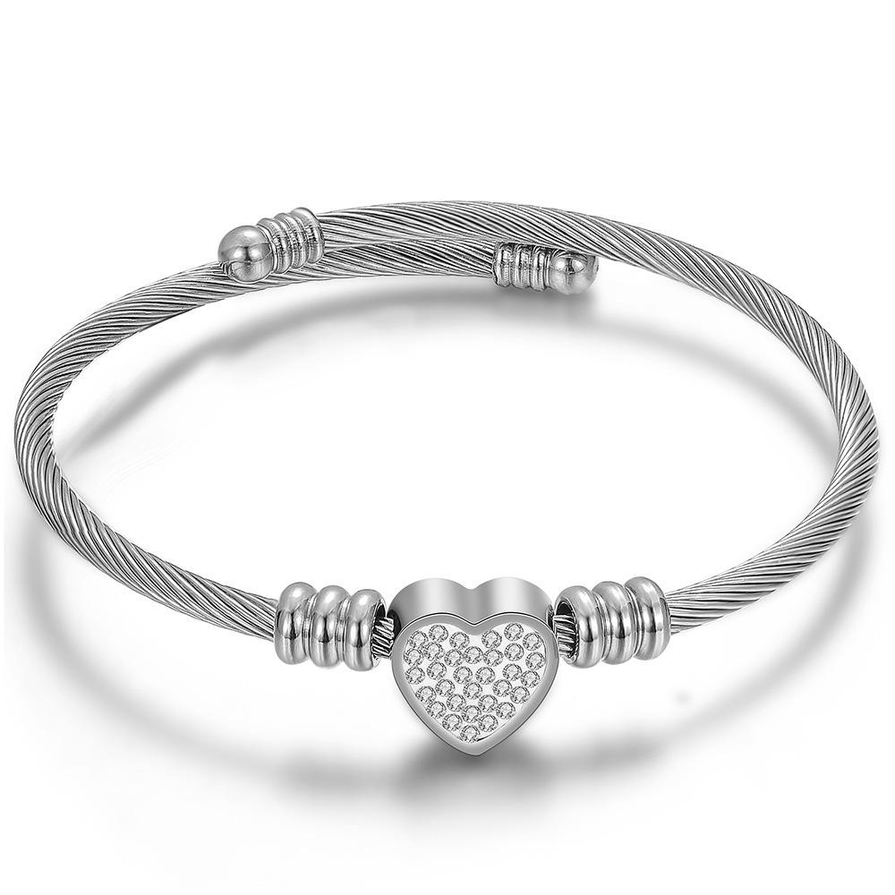 Elegant Titanium Steel Heart-Shaped Diamond Cable Wire Adjustable Bracelet for Women, 11MM стальной