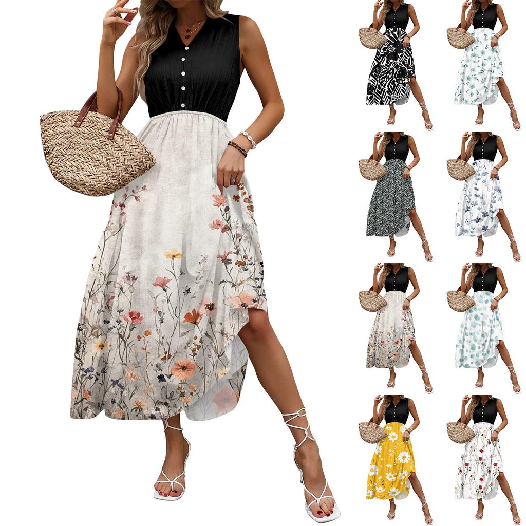 Women Summer Dresses Bohemian Women's Casual And Fashionable V-neck Sleeveless Printing Mid Length Dress