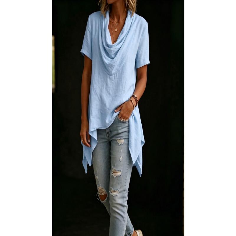 Women Casual Loose Cowl Neck Short Sleeve Asymmetric Hem Solid Blouse