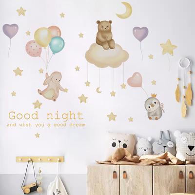 Autocollants muraux ours mignon dessin animé lapin ballon nuages lune étoiles chambre d'enfant décor de fond de chambre bonne nuit autocollants muraux