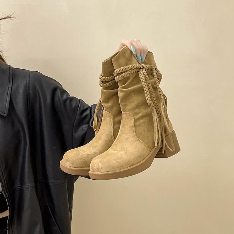 

Пустошь ветер бахрома рыцарские ботинки осень и зима мода ретро толстый каблук но колено каблук ботинки узкие западные ботинки 40 хаки