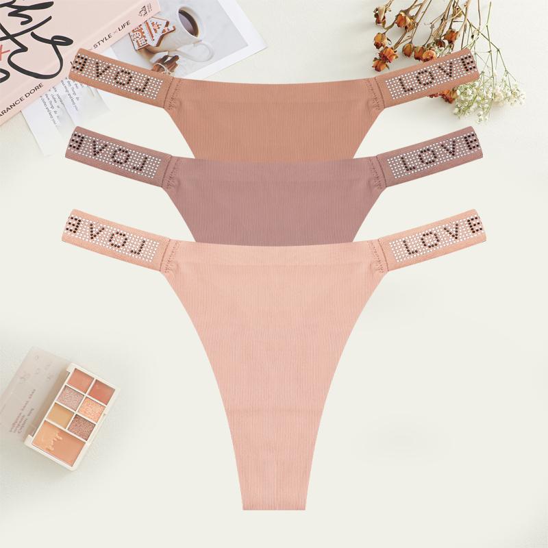 3Pcs Sexy Seamless Women's Underwear Low Waist Rhinestones Letter Thong Solid Stretch G-string Ladies Sports Bikini Lingerie New