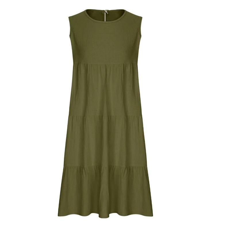 Plus-size Women's Sleeveless Patchwork Loose Round Neck Solid Color Dress