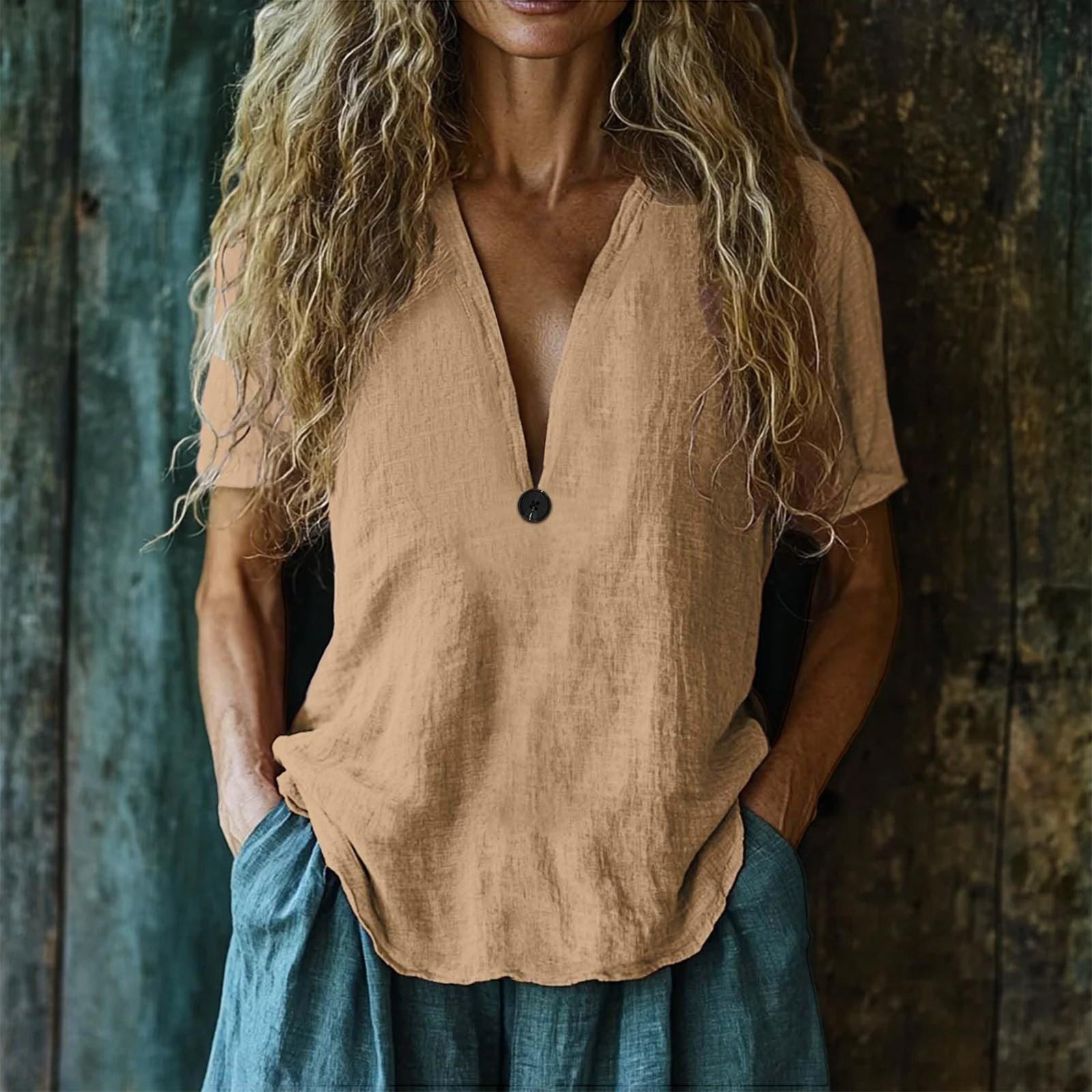 

Женский модный однотонный пуловер с V-образным вырезом и короткими рукавами на пуговицах XXL хаки