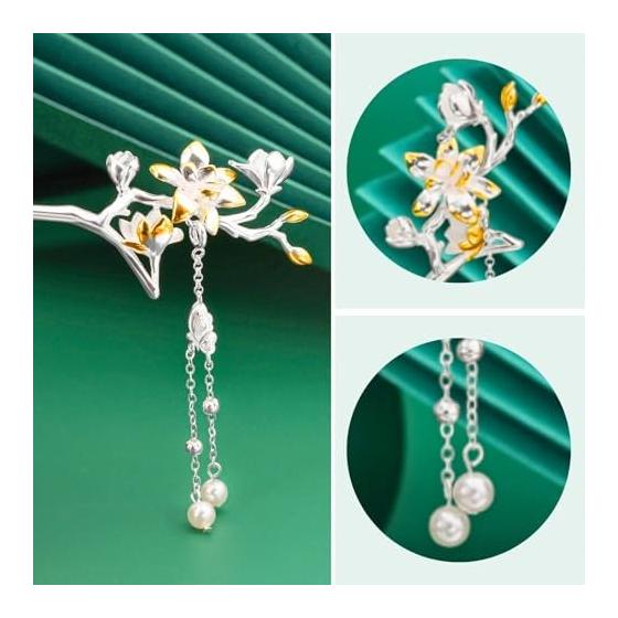 Miaomyao Magnolien-Haarnadel, Japanischer Haarstab für Kimono, Yukata, Formelle Kleidung, Frühlingsblumen-Design mit Perlen, Silberbeschichtet, Eleganter Zweig