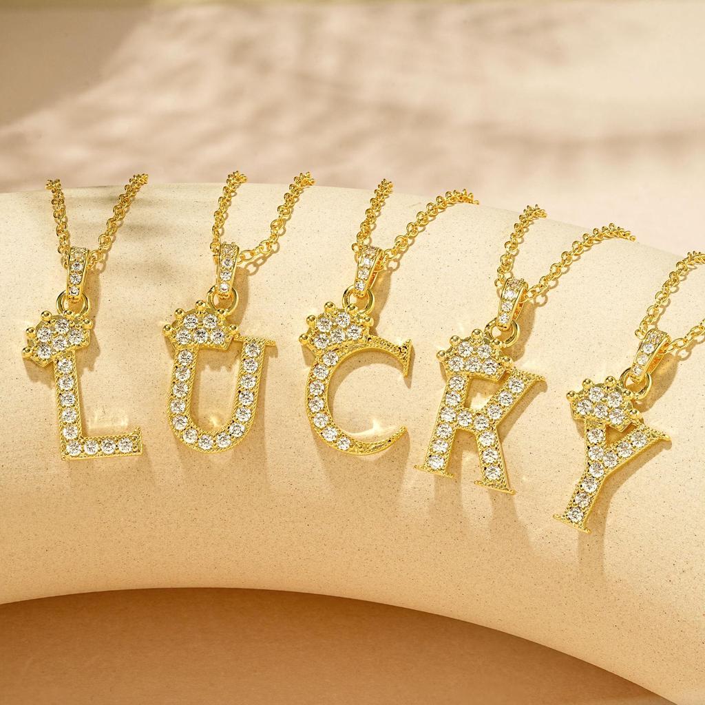 Gold-Plated Zircon Crown Letter Pendant Necklace - Women's Versatile Choker