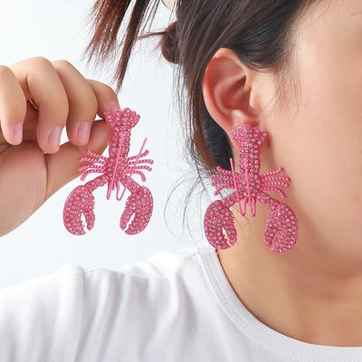 2025 New Fashionable Pink Lobster Diamond Stud Earrings Beach Style Summer Animal Shape Women's Jewellery Parts