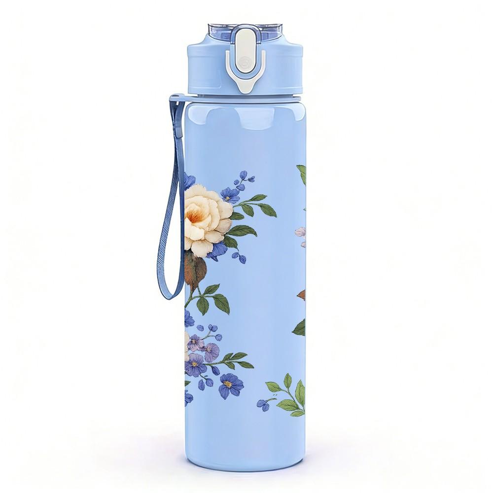 1PC Blue White Mixed Rose Flower Bouquet Print 750ml Color Plastic Sports Water Bottle Leakproof Flip Straw Lid Suitable for Sports Office Home Use