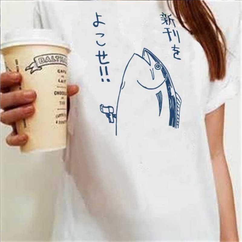

Cute Fish Pattern Funny Summer Tops and Tee Short Sleeve O-neck Women White T-shirt 4XL білий