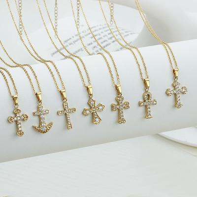 Popular European and American Light Luxury Cross Necklace Micro-inlaid Zircon Stainless Steel Clavicle Chain Titanium Steel Women's Necklace Summer