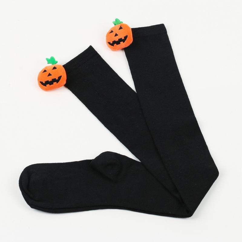 Women Halloween Over Knee Long Socks Cute 3D Wicked Evil Pumpkin Striped Print Thigh High Stockings Holiday Hosiery