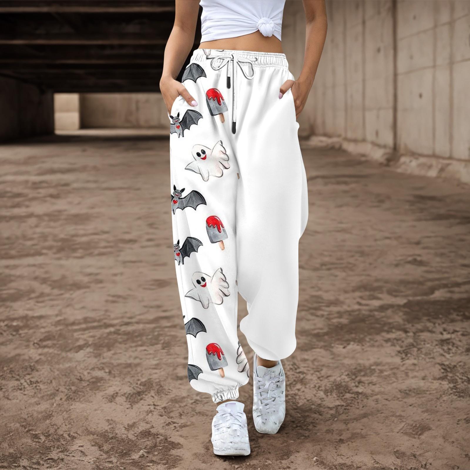 

Женские повседневные брюки с принтом на Хэллоуин, эластичные брюки с завязками на талии XL белый