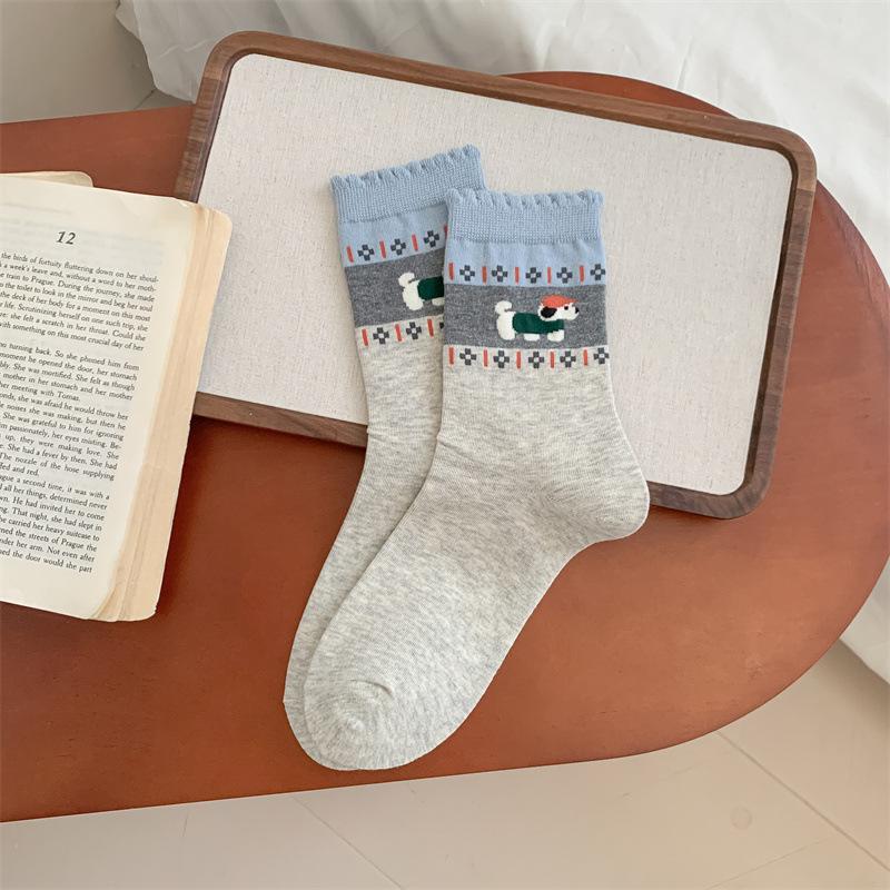 Puppy Cartoon Socks Simple And Versatile Pile Socks Gray Blue Color-Blocking Cotton