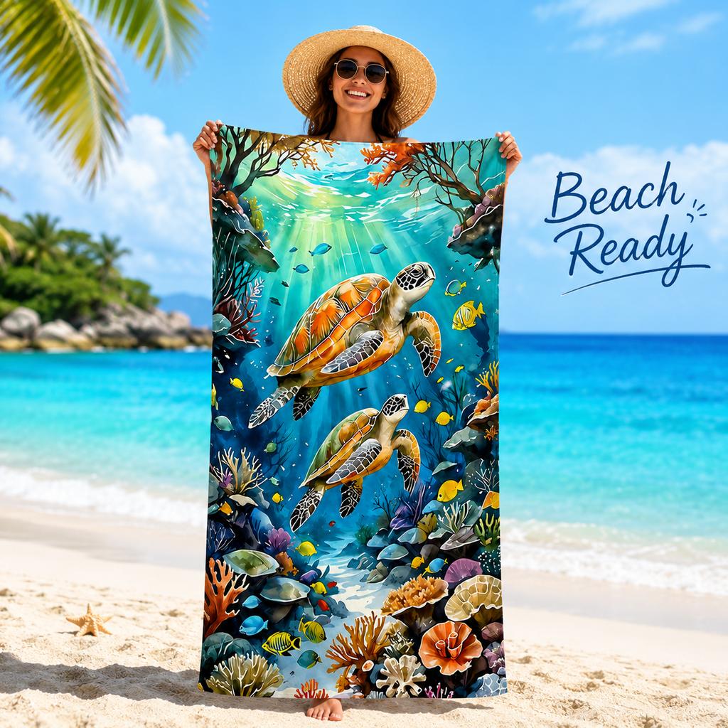 Sea Turtle Beach Towel Flat Print Colorful Ocean Life Coral Reef Bath Towel for Outdoor Travel Pool Picnic Blanket