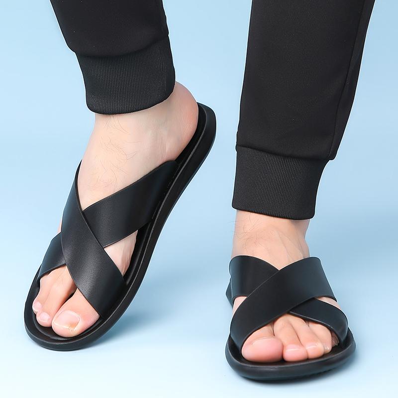 Herren Braune Flache Hausschuhe Sommer Sandalen Retro Schwarze Leder Strandschuhe Übergröße