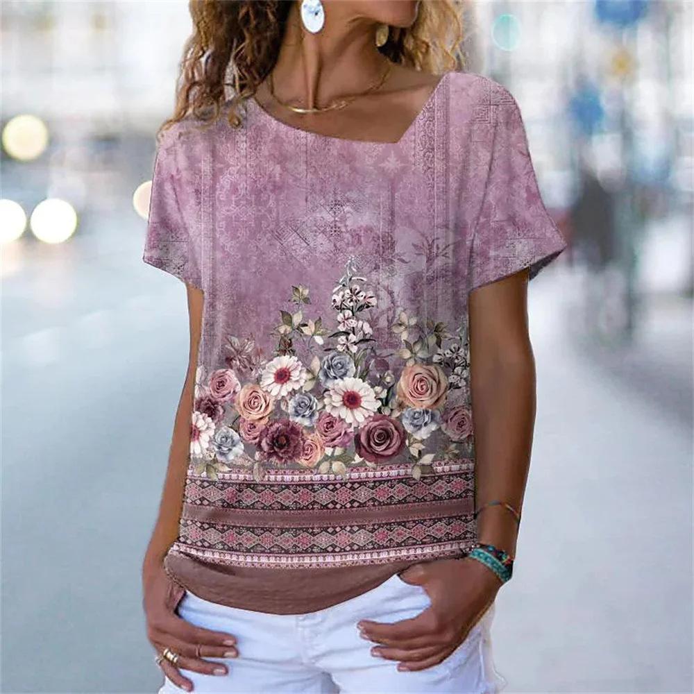 Women's Short Sleeved T-shirt with Slanted Neckline Pattern and Digital 3D Printed Women's T-shirts