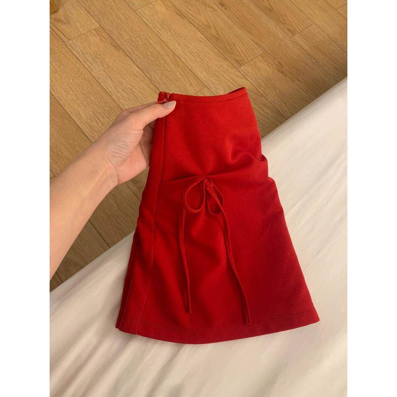 So Retro and so Flattering! Red Skirt with Bow Design, High-Waisted, Hip-Hugging A-Line Hot Girl Short Skirt for Spring and Summer Red S