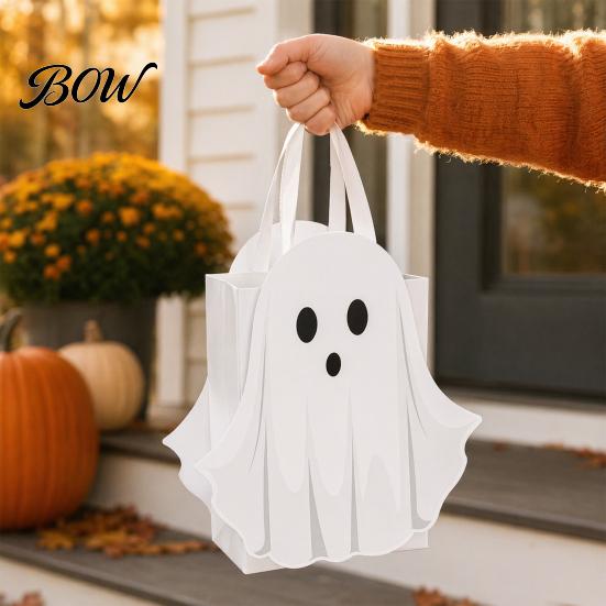 Paper Candy Bag Halloween Ghost Gift Bag, White Pouch with Cute Face, Trick or Treat Favor for Party, Kids Goodie Prizes Holder