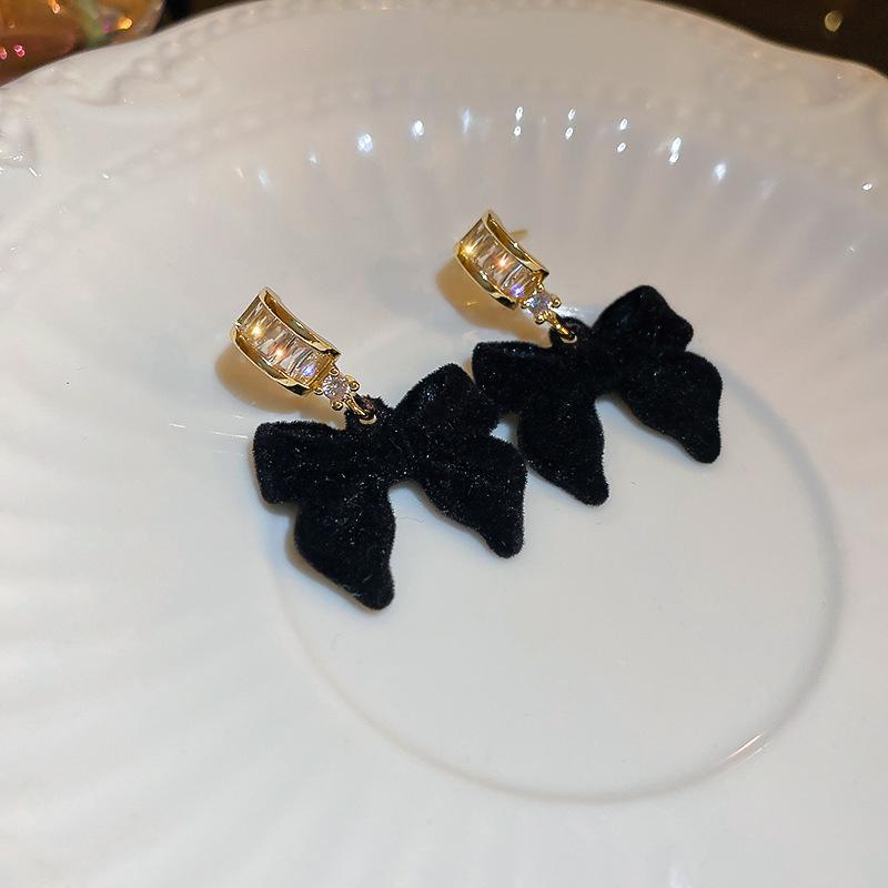 Flocking red bow earrings autumn and winter new niche versatile earrings fashionable elegance temperament earrings women