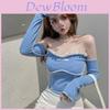 Oversize Blue T Shirt With One Letter Neck And Embroidered Splicing For Ladies Spring 2025