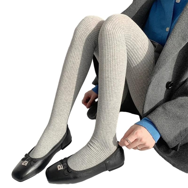 Women Vintage Slim Stockings Solid Color Thicken Ribbed Striped Pantyhose Tights