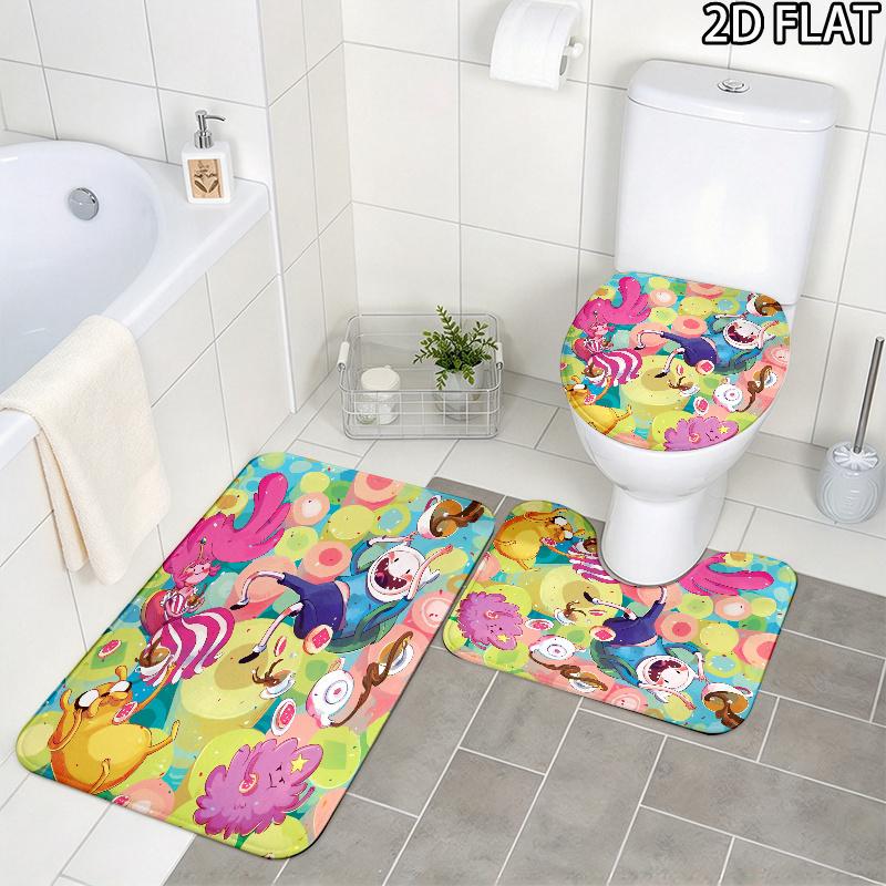 3pcs Adventure Time Pattern Flannel Nonslip Absorbent Washable Decorative Bathroom Home Toilet Seat Cover Mat