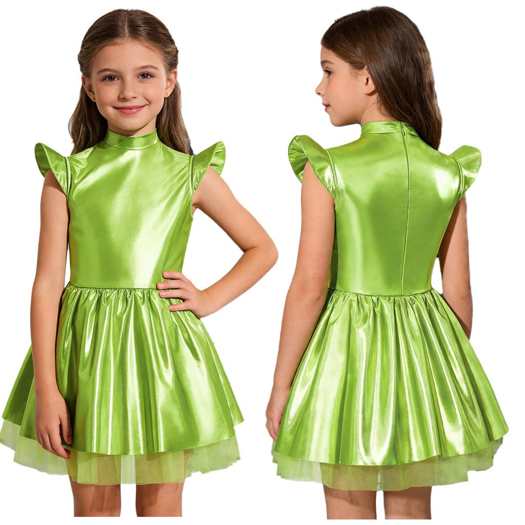 Schillerndes Alien-Tutu-Kleid für Mädchen, Glänzendes Kostüm mit Stehkragen, Flatterärmeln & Reißverschluss hinten, Bühnenauftritt & Party