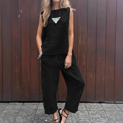 2024 Spring/Summer Cotton Linen Casual Two-Piece Set: Sleeveless Top & Loose Long Pants for Women