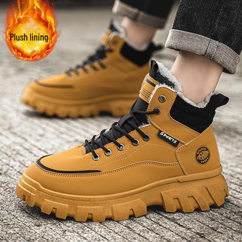 Men's High-Top Martin Boots - Velvet Winter Work Shoes, Retro Style with Thick Soles and Warm Cotton Lining.
