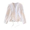Loose Lace-up Drawstring Blouse V-neck Ladies Shirt Top Fashion Long Sleeve Shirts  Female