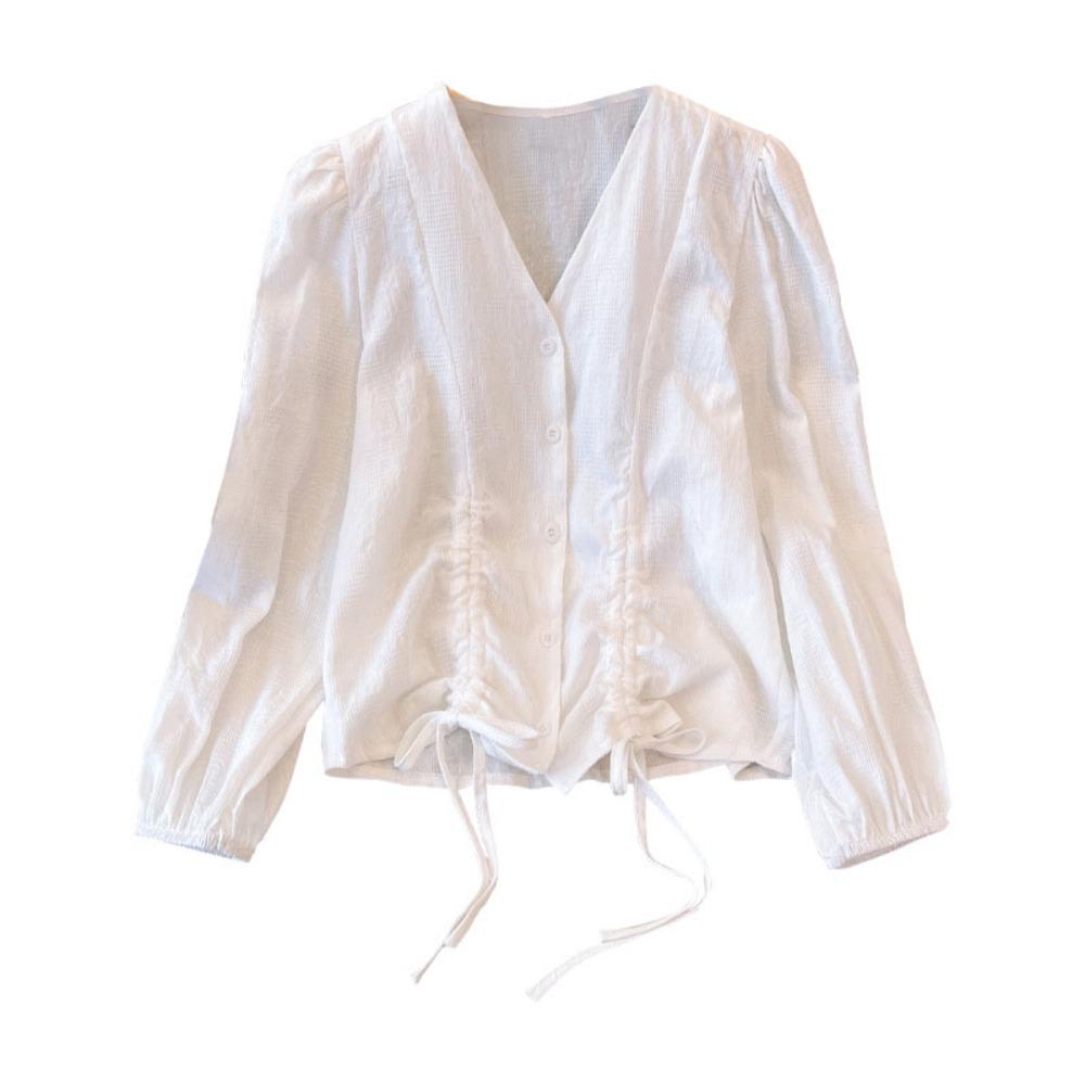 Loose Long Sleeve Shirts V-neck Ladies Shirt Top Sweet Lace-up Drawstring Blouse  Girls