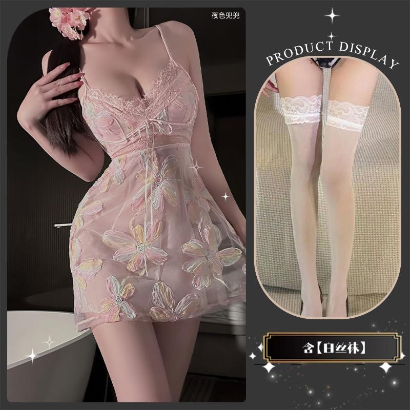 Sex Underwear Women's Lace Embroidery Embossed Flower Short Skirt Set Pure Sleeping Belt Panties Dress