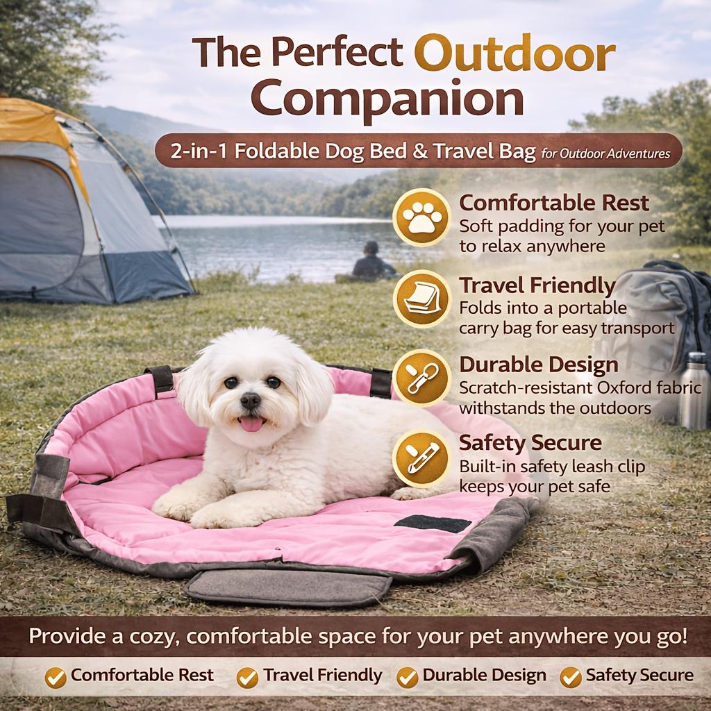 Paw Sauvy Two In One Pet Bed Travel Bag Portable Foldable Dog Soft Scratch Resistant Leash Hook Camping Outdoor Daily Travel Use