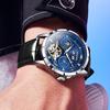 OLEVS Automatic Mechanical Watch with Leather Starry Sky Diamond Skeleton Popular Leather Date Luminous Blue Men's Strap, Dial, Design, Strap,